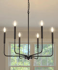 Premium Black Six Light Chandelier Rust Resistant Metal Candle Pendant Fixture For Dining Room Kitchen with soft glow lights.