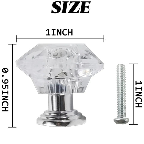 Clear Crystal Drawer Knobs 26 Pack 24mm Diamond Shaped Acrylic Cabinet Pulls with size details next to a screw
