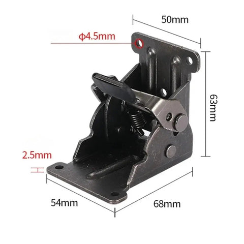 Carbon steel 90 Degree Self Locking Folding Hinge dimensions with spring, includes mounting screws, indoor table leg bracket