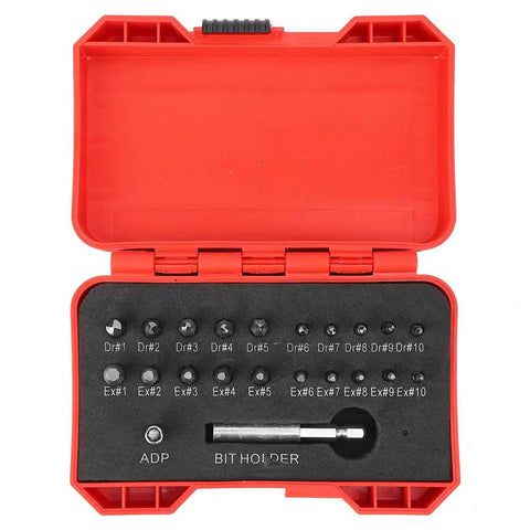 Kick Some Ass With This High Speed Steel Nan Screw Removal Drill Bit Set, A Total Game Changer For DIYers Fixing Stripped Bolts And Broken Fasteners In Your Garage Or Home Workshop Without Any Drama Or Stress. red case with HSS screw extractor bits and adapter