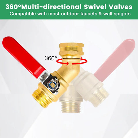 Heavy Duty Full Flow Ball Shut Off Valve With Long Handle In Thick Solid Brass Three Quarter Inch GHT Garden Hose Valve For Outdoor Faucets Lawn Irrigation Car Wash 360 Degree Swivel Anti Kink Design, 360° brass valve with red handle