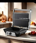 Heavy Duty 1000W Electric Panini Press Grill With Non Stick Plates Opens 180 Degrees For Any Size Food 3 in 1 Sandwich Maker with measurements displayed.