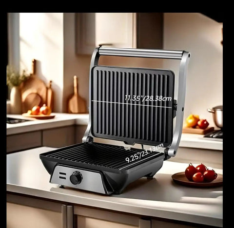 Heavy Duty 1000W Electric Panini Press Grill With Non Stick Plates Opens 180 Degrees For Any Size Food 3 in 1 Sandwich Maker with measurements displayed.