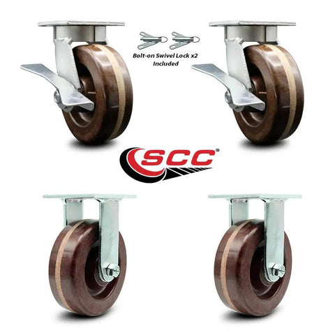 Tough As Nails Kingpinless High Temperature Phenolic Caster Set Of Four With Six Inch Brown Wheels positioned with swivel locks.