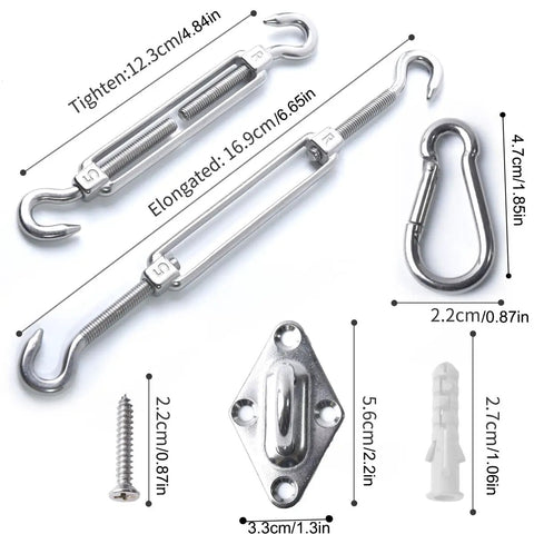 304 Stainless Steel Shade Sail Hardware Kit for Outdoor Use, Anti Rust Fixing Hardware Set for Square and Triangle Shade Sails, 12 Piece Kit Plus 16 Screws, Heavy Duty Fasteners for Weatherproof Canopies