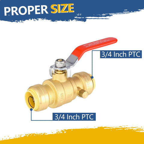Three Quarter Inch Push Fit Ball Valve With Drain Full Port Brass Shut Off For Plumbing Fittings Copper Pex CPVC Pipe Pack Of Five