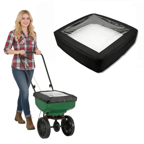 Spreader Hopper Cover Waterproof Heavy Duty Protection for Lawn and Fertilizer Spreaders on a green broadcast spreader with model.