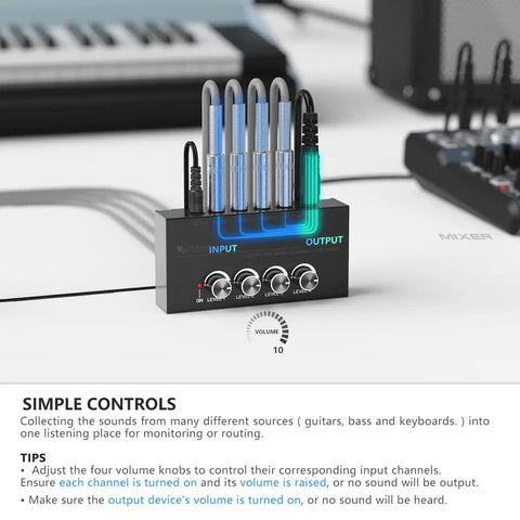 Four Channel Line Mixer For Sub Mixing With Ultra Low Noise, Mini 4 Channel Audio Mixer With AC Adapter, close-up view