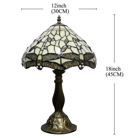 Cream Stained Glass Dragonfly Tiffany Bedside Table Lamp 12x12x18 inches with vintage green bronze base