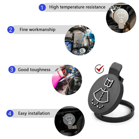 Windshield Washer Fluid Reservoir Cap Replacement For Cars And SUVs Fits Chevrolet Camaro Equinox Malibu Cruze Impala Corvette Silverado And More Easy Install Wiper Bottle Cover shown detail view with installation steps.