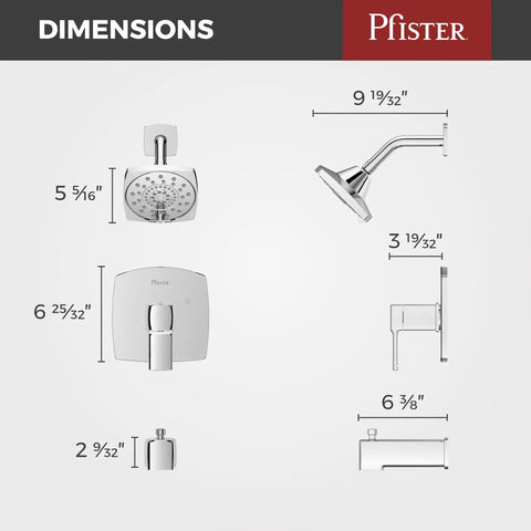 Dimensions of Deckard Square Modern Tub And Shower Faucet In Polished Chrome With Multi Function Showerhead 1.8 GPM