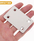Stainless Steel Flat Corner Bracket in hand from 30 Pack For Furniture Repair and Shelf Support, showing compact size