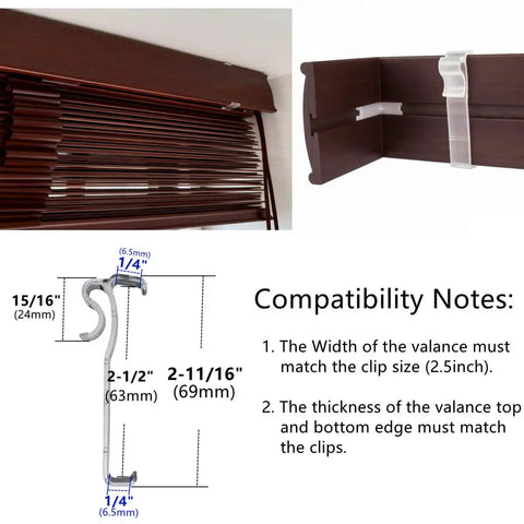 Six Pack Clear 2.5 Inch Window Blind Valance Clips Snap Right Onto Horizontal Blinds with dimensions and compatibility notes on use