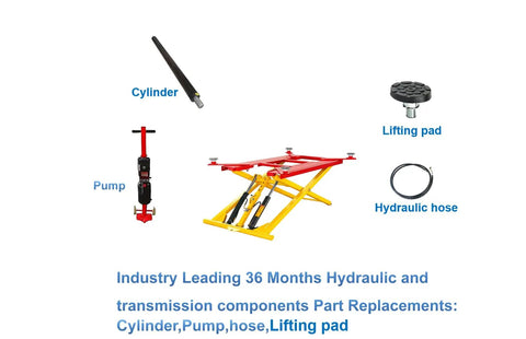 Components of Heavy Duty Workhorse 7000 Lbs Portable Mid Rise Scissor Car Lift including cylinder, pump, lifting pad, hydraulic hose.