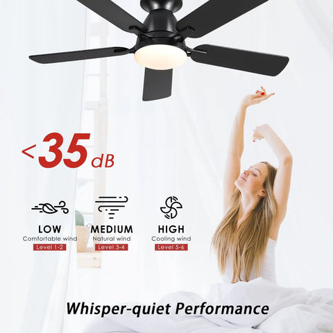 46 Inch Black Ceiling Fan With Lights And Remote, low noise flush mount modern low profile with dimmable light in bedroom setting