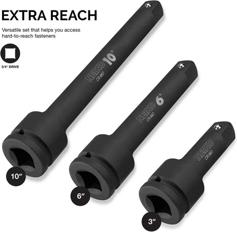 Built Tough CrV Steel Three Quarter Inch Drive Impact Extension Bar Set showing 4, 6, 10 inch extensions for tight spaces.