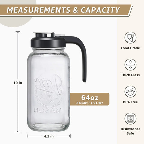 2 Quart Glass Pitcher With Lid Airtight Leakproof Mason Jar Pitcher, measurements 64oz, thick glass, BPA free, dishwasher safe