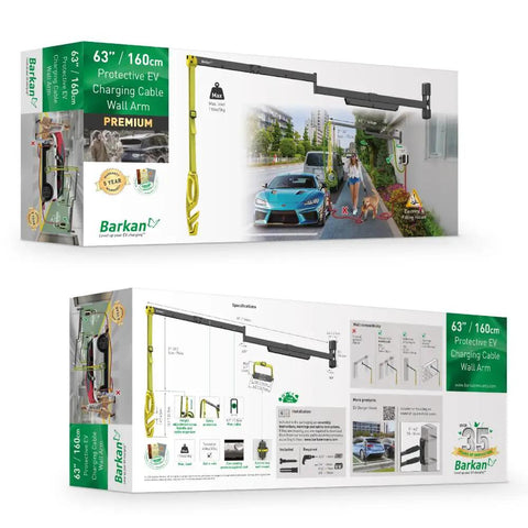 Heavy Duty EV Charging Cable Wall Mount Retractor Arm With Badass Weatherproof Zinc Coating For Indoor Outdoor Electric Vehicle Cord Management and Clean Safe Driveway Setup package with installation guide