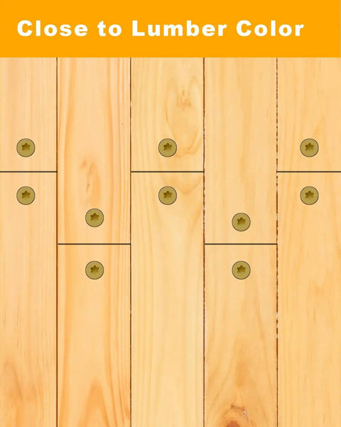 Close up of Heavy Duty Ten By Five Inch Exterior Deck Screws In Tan Coated Carbon Steel in light wood finish.