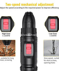 Rechargeable Cordless Drill And Electric Screwdriver Set Featuring 25 Plus 1 Torque Adjustments Dual Speed Alloy Chuck And Bright LED Light showing two-speed adjuster for torque.