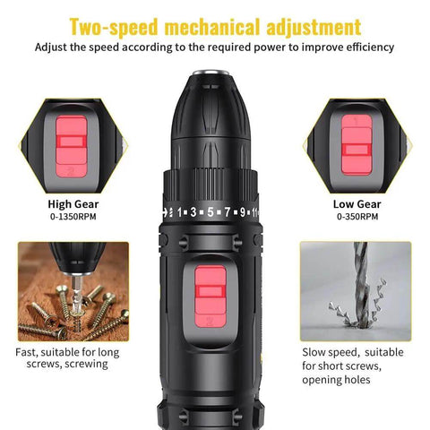 Rechargeable Cordless Drill And Electric Screwdriver Set Featuring 25 Plus 1 Torque Adjustments Dual Speed Alloy Chuck And Bright LED Light showing two-speed adjuster for torque.