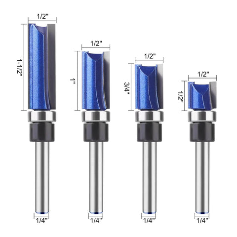 Pattern Flush Trim Router Bit Set With Bottom Bearing, Pro Grade Tungsten Carbide Bits in varying heights and 1/4 in shank