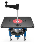 Smooth Running Precision Router Table Lift System Featuring Hard Anodized Aluminum Plate and Bearing Guide Carriage, top view with adjustment wand.