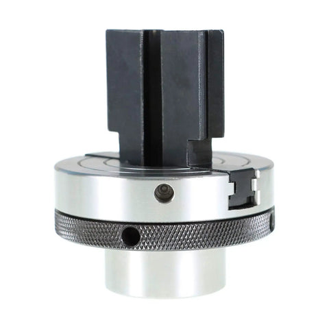 Beefy 3.25 Inch Wood Lathe Chuck With 1 X 8 TPI Pre Threaded Mount, metal reversible jaws detail, with tightening rods.
