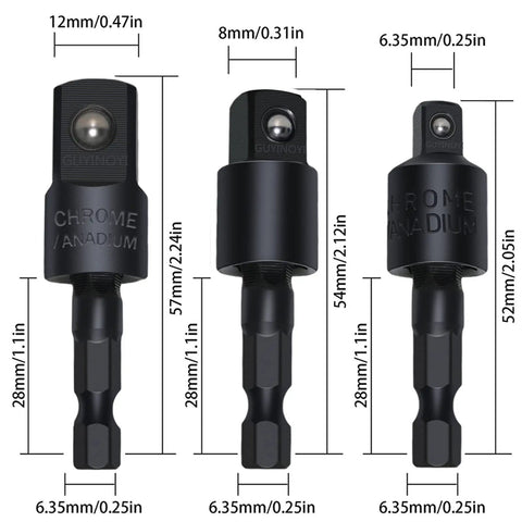 Beefed Up Workhorse 4 Piece Power Drill Socket Adapter Set With 360 Degree Rotating Sockets And 105 Degree Right Angle Driver, 1 Quarter Inch, 3 Eighth Inch, 1 Half Inch, Detent Ball Retention, Chrome Vanadium Steel, Black
