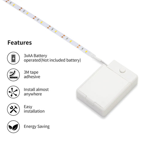Battery Powered LED Strip Lights 3.28 Feet Two Pack For Under Cabinet Kitchen Lighting Warm White 3000K With Adhesive Backing