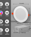 Recessed Lighting 4 Inch RGBCW Color Changing 12W LED Downlights with Junction Box,1080Lumens showcasing dimensions and features.