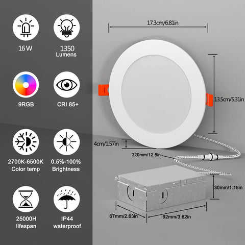 Recessed Lighting 4 Inch RGBCW Color Changing 12W LED Downlights with Junction Box,1080Lumens showcasing dimensions and features.