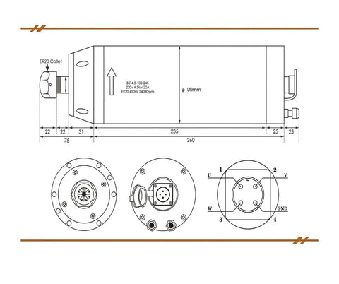 Technical drawing of 4.5KW Water Cooled ER20 Spindle Motor D100mm with dimensions for CNC milling machine.