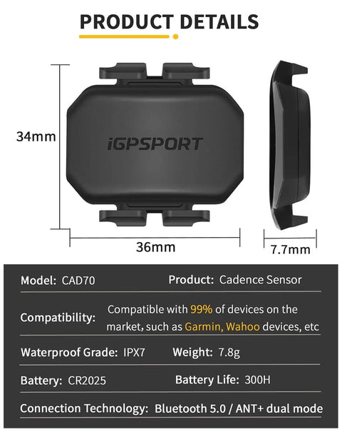 Speed And Cadence Sensor Bundle With Bluetooth 5.0 And ANT Plus Wireless Waterproof Design, dimensions and specs shown
