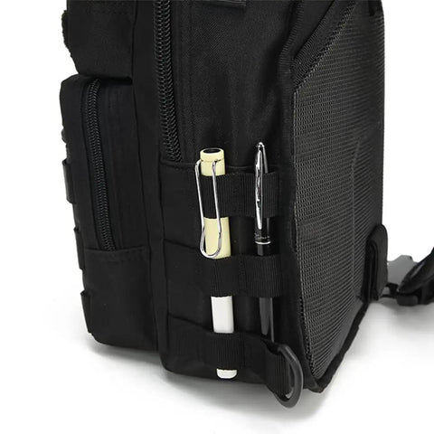 Side view of Compact Tactical Travel Sling Bag With Molle System, showing pen loops and durable nylon material, EDC ready.