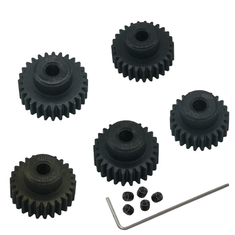 Five Pack 48P Pinion Gear Set With Screws For 3.175mm Shaft 1/10 Scale RC Cars With Brushless Motors 24T 25T 26T 27T 28T Compatible With Arrma HPI Kyosho Losi Traxxas Tamiya Associated Monster Trucks And Buggies