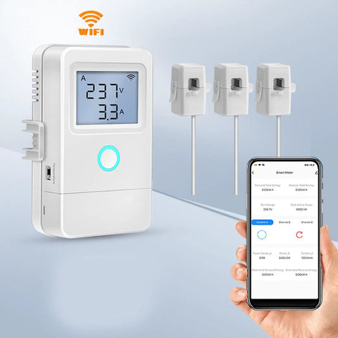 WiFi Home Energy Monitor Three Channel Power Tracker Real Time Usage Up To 100A Per Channel With 16A Relay LCD Overheat Alarm And App Control Via Tuya Smart Life For Smart Home Appliances showing three clamp sensors and phone app
