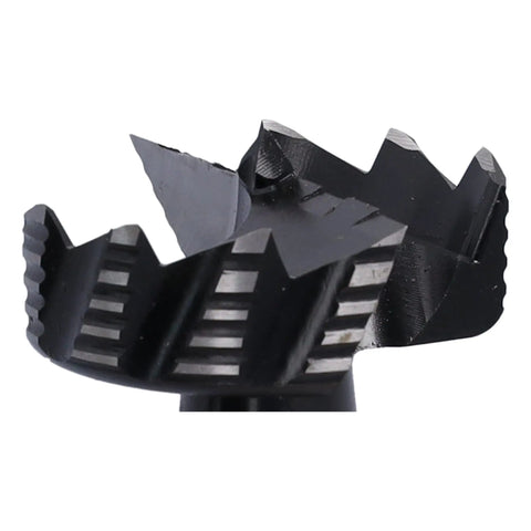 Close-up view of a Forstner bit from the Pro Level German Steel Forstner Bit Set, showcasing sharp scoring teeth and hex shank design.