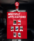 Red sign with "Multiple Applications" showing images for automobile, watercraft, ATV, snowmobile, tractor, generator, and OPE use