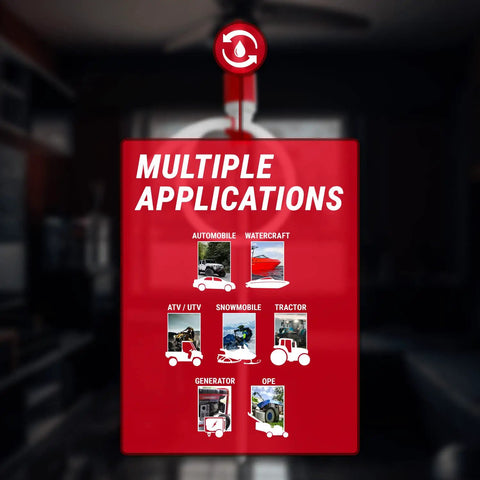 Red sign with "Multiple Applications" showing images for automobile, watercraft, ATV, snowmobile, tractor, generator, and OPE use