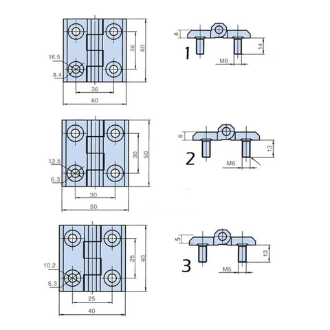 Diagram of Black 50 By 50 mm Distribution PS Switch Control Box Door Hinge for instrument cabinet, with detailed measurements.