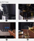 Steps for using Smart Drip Coffee Maker With 24 Hour Timer, showing water pouring, coffee adding, timer setting, and coffee pouring.