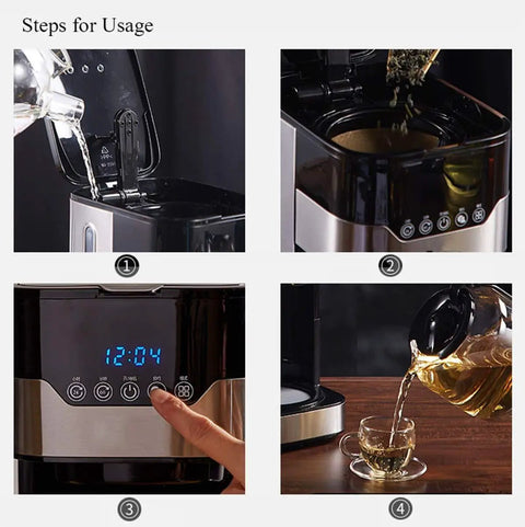 Steps for using Smart Drip Coffee Maker With 24 Hour Timer, showing water pouring, coffee adding, timer setting, and coffee pouring.