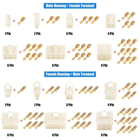 All In One 400Pcs 6.3mm Wire Connector Kit with male and female sockets, showcasing 1 to 9 pin options with terminals.