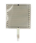 Front view of square FSR502 force-sensing resistor on beige substrate with black interdigitated traces and two leads