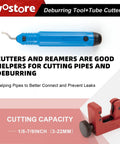 Blue Wostore deburring tool with curved blade and black end cap; red pipe cutter visible in bottom-right corner