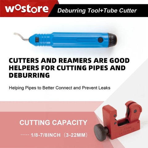 Blue Wostore deburring tool with curved blade and black end cap; red pipe cutter visible in bottom-right corner
