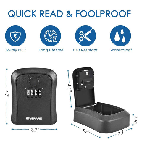Heavy Duty 2 Pack Wall Mount Key Lock Box With 4 Digit Combination Code Tough As Nails Waterproof Outdoor Key Hider For Secure House Keys Built Rock Solid With Mounting Kit No Hassle Setup Black, showing dimensions and features.