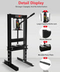 6 Ton Hydraulic Shop Press With Adjustable Worktable And Stamping Plates showing details like large capacity bottle jack and handle.