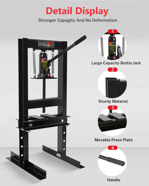 6 Ton Hydraulic Shop Press With Adjustable Worktable And Stamping Plates showing details like large capacity bottle jack and handle.